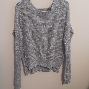 High-low blue and white knit sweater.